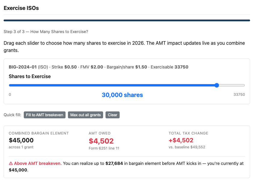 ISO exercise optimization showing multi-grant slider with full AMT calculation and breakeven analysis