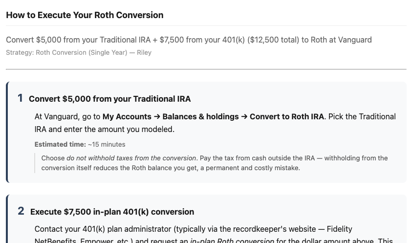 Execution guide for the Roth Conversion strategy showing step-by-step personalized actions